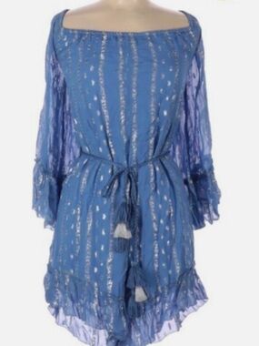 SAYLOR Blue Metallic Stripe Romper with Tassel Tie, Size Small